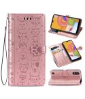 For Galaxy A01 Cute Cat and Dog Embossed Horizontal Flip Leather Case with Bracket / Card Slot / Wallet / Lanyard(Rose Gold)