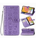 For Galaxy A01 Cute Cat and Dog Embossed Horizontal Flip Leather Case with Bracket / Card Slot / Wallet / Lanyard(Purple)