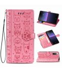 For  Sony Xperia 1 II Cute Cat and Dog Embossed Horizontal Flip Leather Case with Bracket / Card Slot / Wallet / Lanyard(Pink)