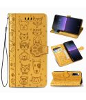 For  Sony Xperia 1 II Cute Cat and Dog Embossed Horizontal Flip Leather Case with Bracket / Card Slot / Wallet / Lanyard(Yellow)