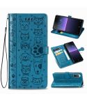For  Sony Xperia 1 II Cute Cat and Dog Embossed Horizontal Flip Leather Case with Bracket / Card Slot / Wallet / Lanyard(Blue)