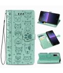 For  Sony Xperia 1 II Cute Cat and Dog Embossed Horizontal Flip Leather Case with Bracket / Card Slot / Wallet / Lanyard(Green)
