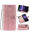 For  Sony Xperia 1 II Cute Cat and Dog Embossed Horizontal Flip Leather Case with Bracket / Card Slot / Wallet / Lanyard(Rose Gold)