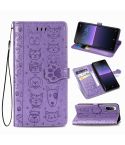 For  Sony Xperia 1 II Cute Cat and Dog Embossed Horizontal Flip Leather Case with Bracket / Card Slot / Wallet / Lanyard(Purple)