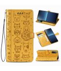 For Sony Xperia L4 Cute Cat and Dog Embossed Horizontal Flip Leather Case with Bracket / Card Slot / Wallet / Lanyard(Yellow)
