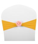 Chair Sashes Bows Decor Elastic Spandex Chair Sash with Pink Flower Stretch Chair Band Wedding Decoration(Golden)