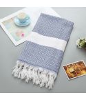 Striped Cotton Bath Towel With Tassels Thin Travel Camping Bath Sauna Beach Gym Pool Blanket Absorbent Easy Care(Blue)