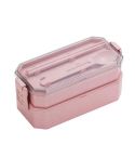 Double-layer Lunch Box Plastic Microwaveable Student Lunch Box Cutlery set(Pink)