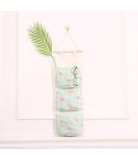 Cotton Linen Hanging Storage Bag 3 Pockets Wall Mounted Wardrobe Hang Bag Wall Pouch Cosmetic Toys Organizer(Green flamingo)