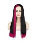 Fashion Medium Haircut Side Bangs Highlight Color Long Straight Wig(Black Rose Red)