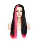 Fashion Medium Haircut Side Bangs Highlight Color Long Straight Wig(Black Pink)