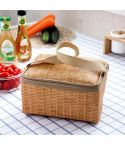 Portable Insulated Thermal Lunch Box Canvas Imitation Rattan Lunch Bag Picnic Container