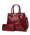 T5056 2 in 1 Crocodile Pattern Patent Leather Diagonal Handbags Large-Capacity Single-Shoulder Bag(Wine Red)