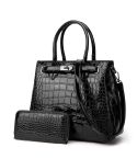 T5056 2 in 1 Crocodile Pattern Patent Leather Diagonal Handbags Large-Capacity Single-Shoulder Bag(Black)