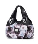 722 Women Soft Leather Handbag(Black Handle Purple Flower)