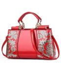 Ladies Single Sided Embroidered Shiny Leather Handbag(Red)