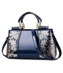 Ladies Single Sided Embroidered Shiny Leather Handbag(Blue)