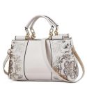 Ladies Single Sided Embroidered Shiny Leather Handbag(Rice-white)
