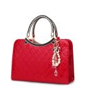 Large capacity PU Leather Diamond Pattern Ladies Handbag with Hanging Ornaments(Red)