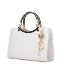 Large capacity PU Leather Diamond Pattern Ladies Handbag with Hanging Ornaments(White)