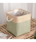 11 Inch Linen Fabric Storage Bag Large Capacity Square Collapsible Clothes Toy Organizer(Beige and Green)
