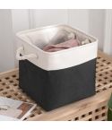 11 Inch Linen Fabric Storage Bag Large Capacity Square Collapsible Clothes Toy Organizer(White and Black)