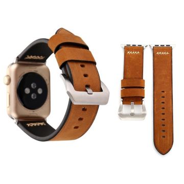 For Apple Watch Ultra 49mm&Watch Ultra 2 49mm / Series 10 46mm / 9&8&7 45mm / SE 3&SE 2&6&SE&5&4 44mm / 3&2&1 42mm Retro XX Line Pattern Genuine Leather Wrist Watch Band(Brown)
