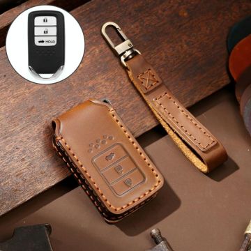 Hallmo Car Cowhide Leather Key Protective Cover Key Case for Honda Civic / Accord 3-button Tail Box(Brown)
