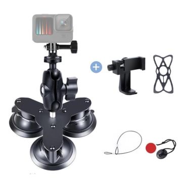Triangle Suction Cup Mount Holder with Tripod Adapter & Screw & Phone Clamp & Anti-lost Silicone Net for for GoPro, Insta360, DJI and Other Action Cameras, Smartphones(Black)