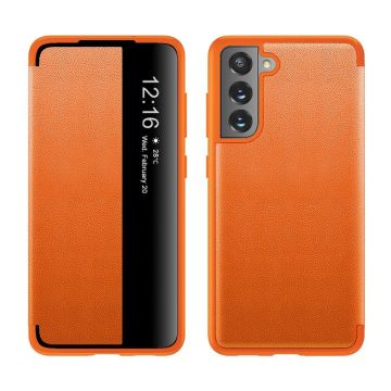 For Samsung Galaxy S21 FE Magnetic Side Window View Shockproof Horizontal Flip Leather Case(Orange)