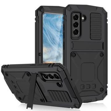 For Samsung Galaxy S21 FE R-JUST Rugged Phone Case with Holder(Black)