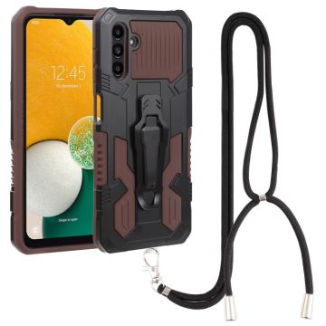 For Samsung Galaxy A13 5G Armor Warrior Shockproof PC + TPU Lanyard Phone Case(Brown)