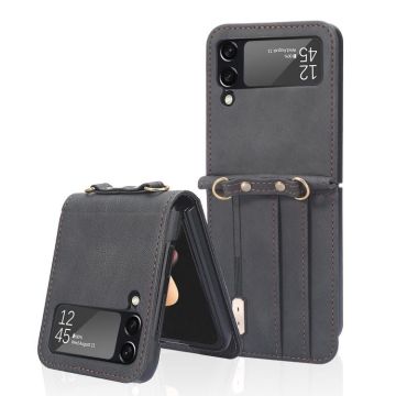 For Samsung Galaxy Z Flip3 5G Crossbody Siamese Leather Phone Case with Lanyard(Black)