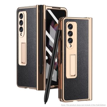 For Samsung Galaxy Z Fold3 5G Electroplated Hinge Pen Slot Lychee Phone Case(Black)