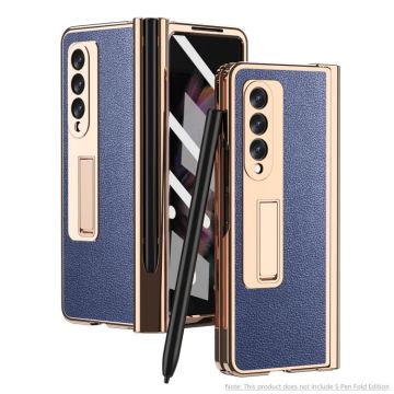 For Samsung Galaxy Z Fold3 5G Electroplated Hinge Pen Slot Lychee Phone Case(Blue)