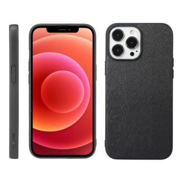 For iPhone 12 / 12 Pro Wood Texture PU Phone Case(Black)