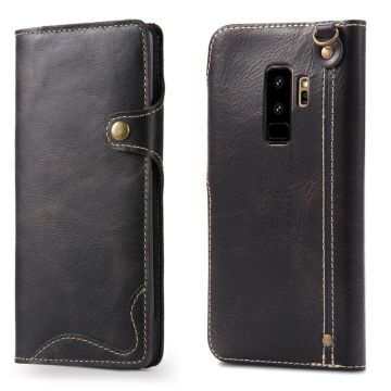 For Galaxy S9 Plus Denior Oil Wax Cowhide Magnetic Button Horizontal Flip Leather Case with Card Slots & Wallet(Black)