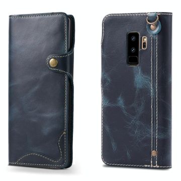 For Galaxy S9 Plus Denior Oil Wax Cowhide Magnetic Button Horizontal Flip Leather Case with Card Slots & Wallet(Dark Blue)