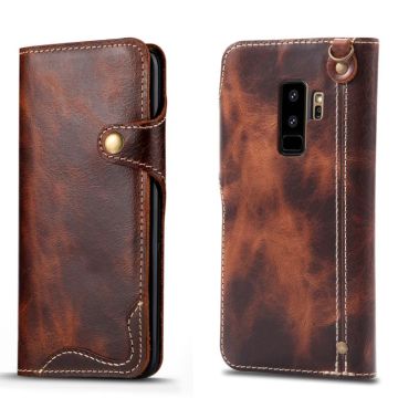 For Galaxy S9 Plus Denior Oil Wax Cowhide Magnetic Button Horizontal Flip Leather Case with Card Slots & Wallet(Brown)