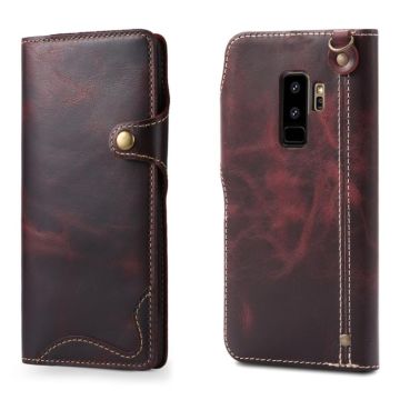 For Galaxy S9 Plus Denior Oil Wax Cowhide Magnetic Button Horizontal Flip Leather Case with Card Slots & Wallet(Dark Red)