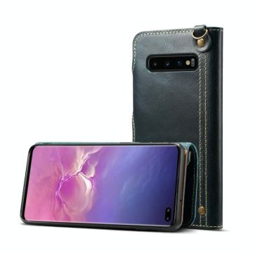 For Galaxy S10 Plus Denior Oil Wax Cowhide Magnetic Button Horizontal Flip Leather Case with Card Slots & Wallet(Dark Blue)