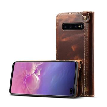 For Galaxy S10 Plus Denior Oil Wax Cowhide Magnetic Button Horizontal Flip Leather Case with Card Slots & Wallet(Brown)