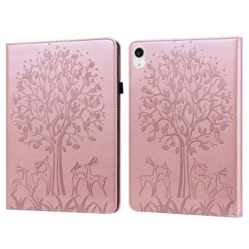For iPad mini 6 / mini 2024 Tree & Deer Pattern Pressed Printing Leather Tablet Case(Pink)