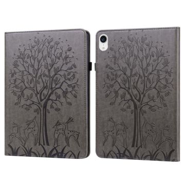For iPad mini 6 / mini 2024 Tree & Deer Pattern Pressed Printing Leather Tablet Case(Grey)