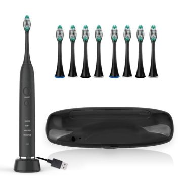 USB Charging Adults Electric Sonic Toothbrush with 8 Brush Heads(Black)