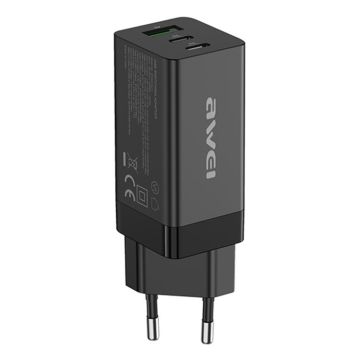 awei PD9 65W Dual Type-C / USB-C + USB GaN Fast Charging Travel Charger, EU Plug(Black)