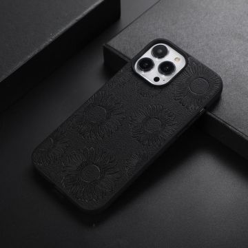 For iPhone 13 Pro Max Sunflower Pattern PU+TPU+PC Shockproof Phone Case (Black)