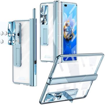For Huawei Mate X2 Magnetic Hinges Plating Phone Case with Holder(Blue)