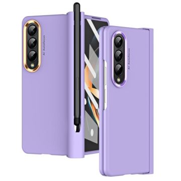 For Samsung Galaxy Z Fold4 Skin Feel Two-color Contact Lens Hinge Flip Phone Case with Pen Slot(Purple)
