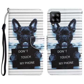 For Samsung Galaxy A22 4G Colored Drawing Leather Phone Case(Black Dog)